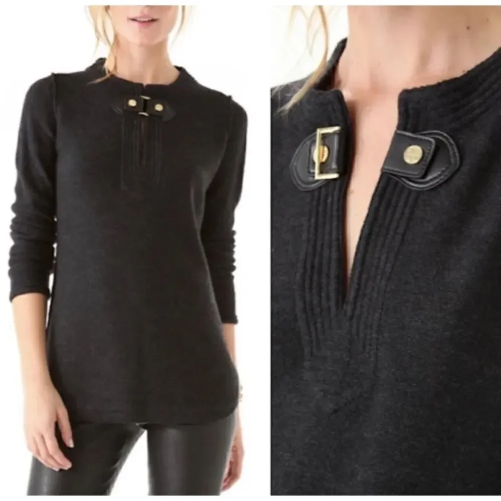 Tory Burch Mim Tunic Sweater Leather Buckle Keyhole Wool Alpaca Size S